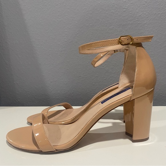 STUART WEITZMAN Nearlynude Nude Tan Beige Patent Leather Ankle Strap Heel Shoes - Picture 3 of 7